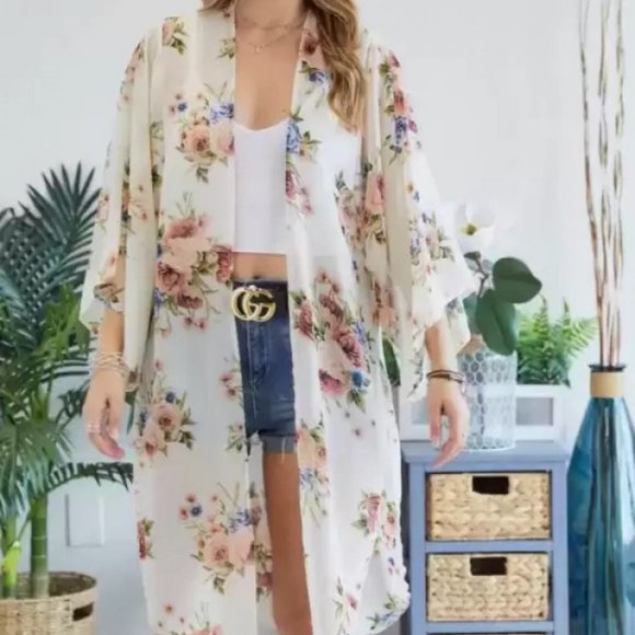Vintage Women Chiffon Kimono Floral Print Three Quarter Sleeves Loose Casual Outerwear Novelty Clothing